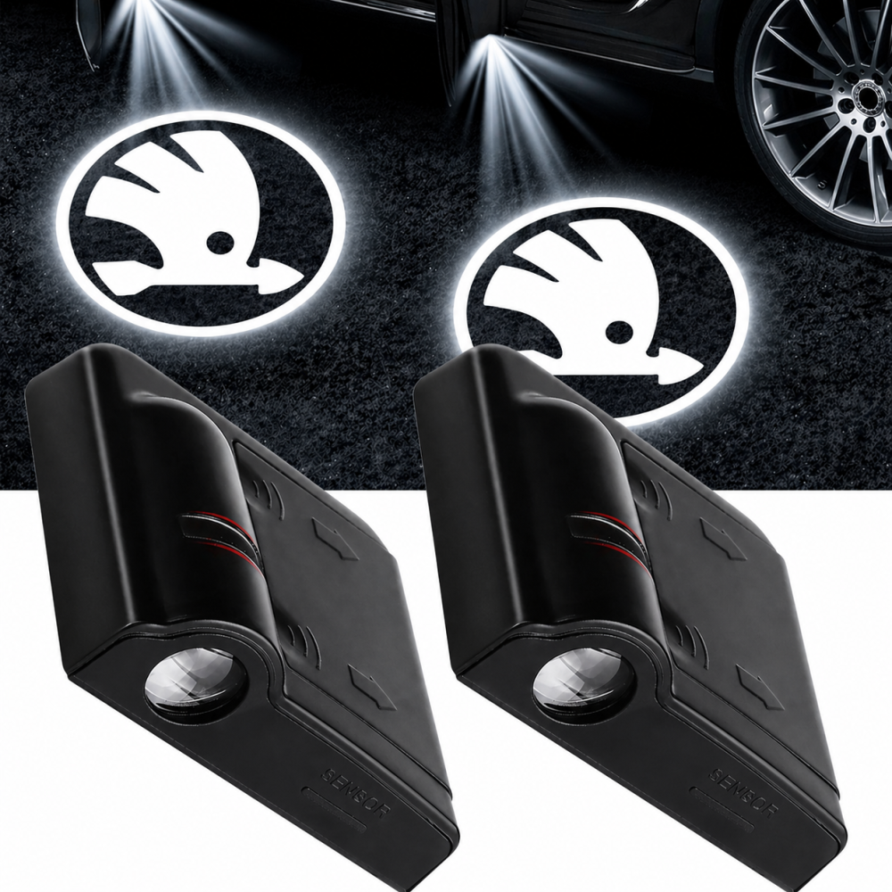 LED проекция подсветка логотипа для дверей SKODA new style(универсальный комплект 2 шт.)