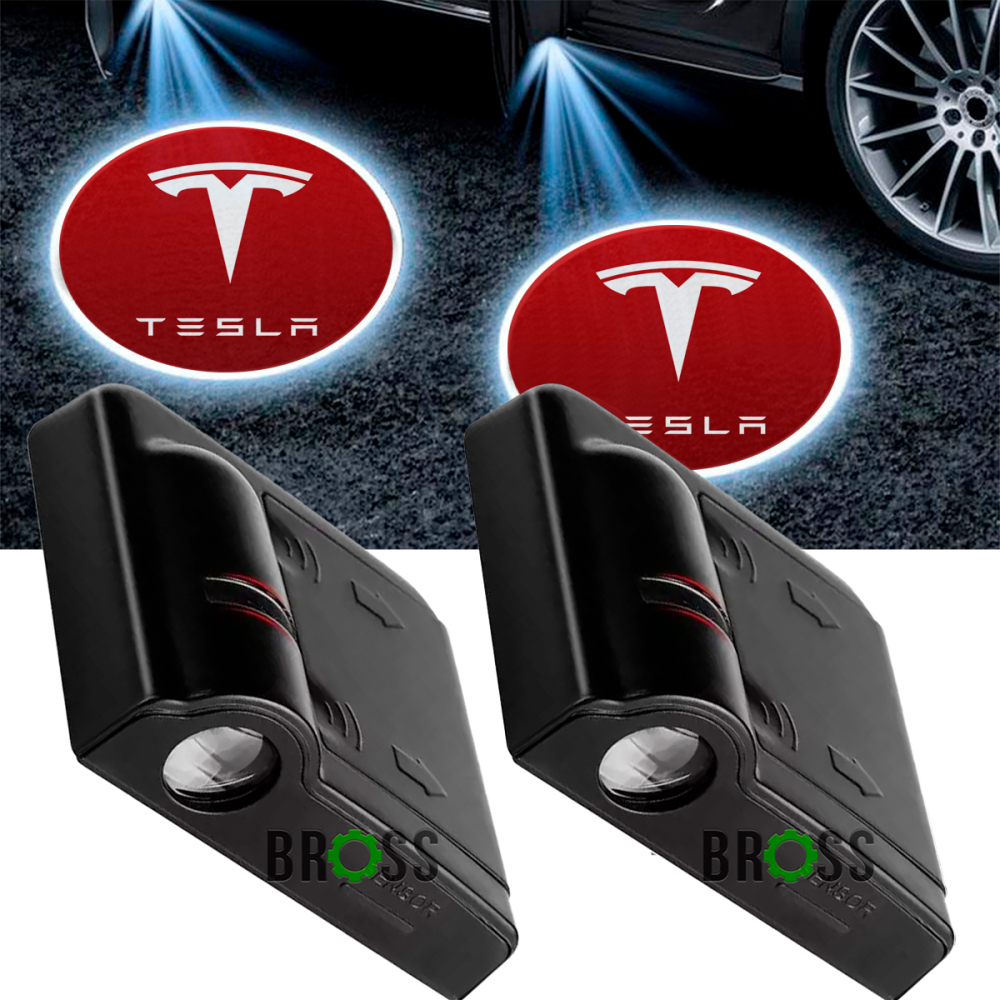 LED проекция подсветка логотипа для дверей Tesla  (универсальный комплект 2 шт.)