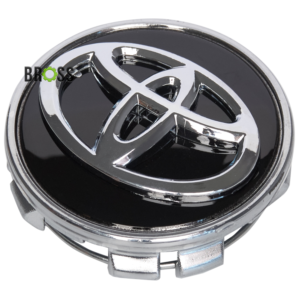 Заглушки ковпачки для литих дисків Toyota Avensis, Corolla, RAV 4, Land Cruiser, Camry, Highlander, Hilux, Prius, C-HR, Yaris (Чорні, логотип хром  62 мм)