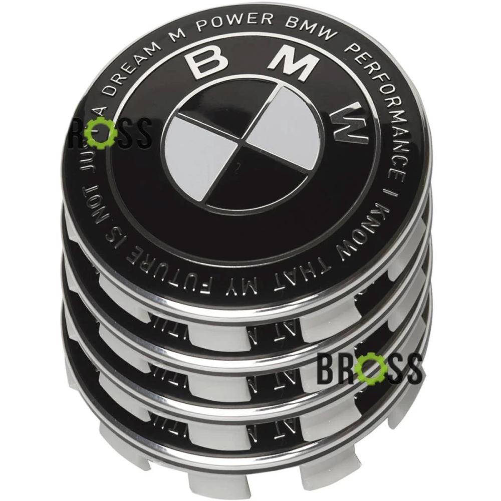 Заглушка колпачка литых дисков для BMW E30, E32, E34, E36, E38, E39, E46, E60, E65, E66, E90, E91, E92, E93, X5 (E53, E70) X6 (Юбилейная 50 лет Motorsport) черная  (Комплект 68 мм)