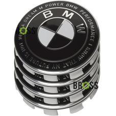 Заглушка колпачка литых дисков для BMW E30, E32, E34, E36, E38, E39, E46, E60, E65, E66, E90, E91, E92, E93, X5 (E53, E70) X6 (Юбилейная 50 лет Motorsport) черная  (Комплект 68 мм)