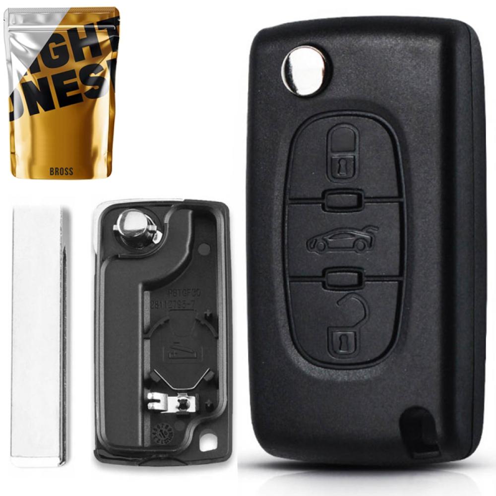 Выкидной корпус ключа на 3 кнопки Citroen C2 , C4 , C5 , C6 , C8 , Berlingo ( CE0536 с местом под аккумулятор , лезвие HU83, кнопка багажника ) 
