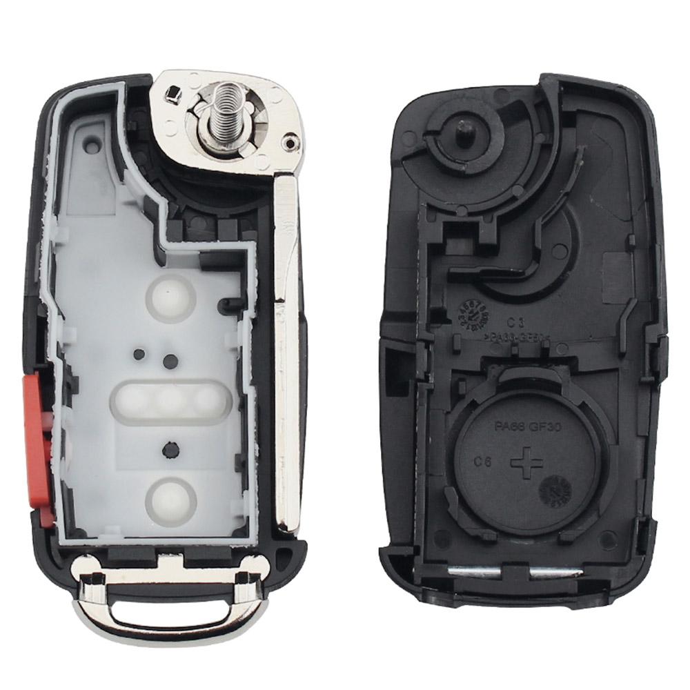 Выкидной корпус ключа на 3 + 1 кнопки Volkswagen Passat B7 , Tiguan , Golf 6 , New Beetle , Polo 5 , Skoda Fabia , Superb , Roomster , Octavia A5 ( кнопка panic , без места под батарейку , лезвие HU66 , лампочка сверху )