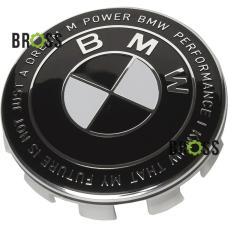 Заглушка колпачка литых дисков для BMW E30, E32, E34, E36, E38, E39, E46, E60, E65, E66, E90, E91, E92, E93, X5 (E53, E70) X6 (Юбилейная 50 лет Motorsport) черная  (68 мм)