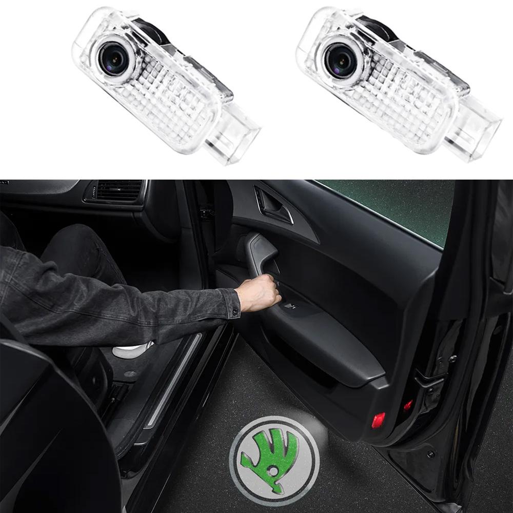 Светодиодная проекция логотипа для автомобиля Skoda Octavia, Fabia, Superb, Roomster (БІЛІ 2 шт.)